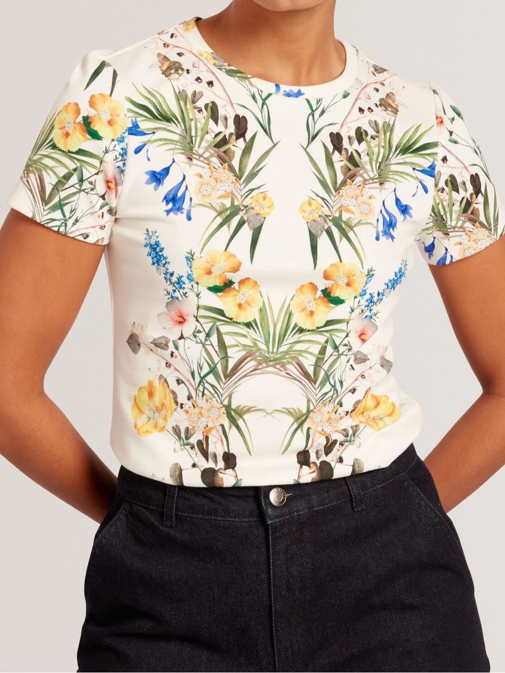 Ted Baker Cream Floral Short Sleeve Tee with Yellow and Blue Accents